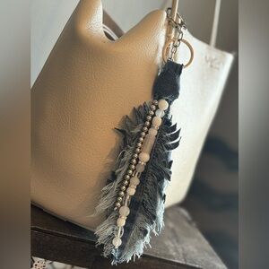 Upcycled Denim and Beaded Feather Bag Charm